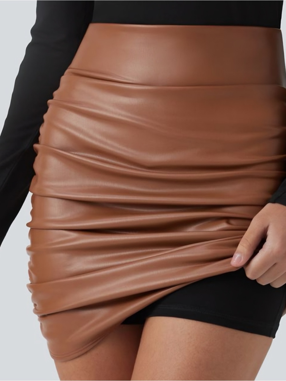 NWOT HALARA Brown Faux Leather Ruched Mini Skirt
